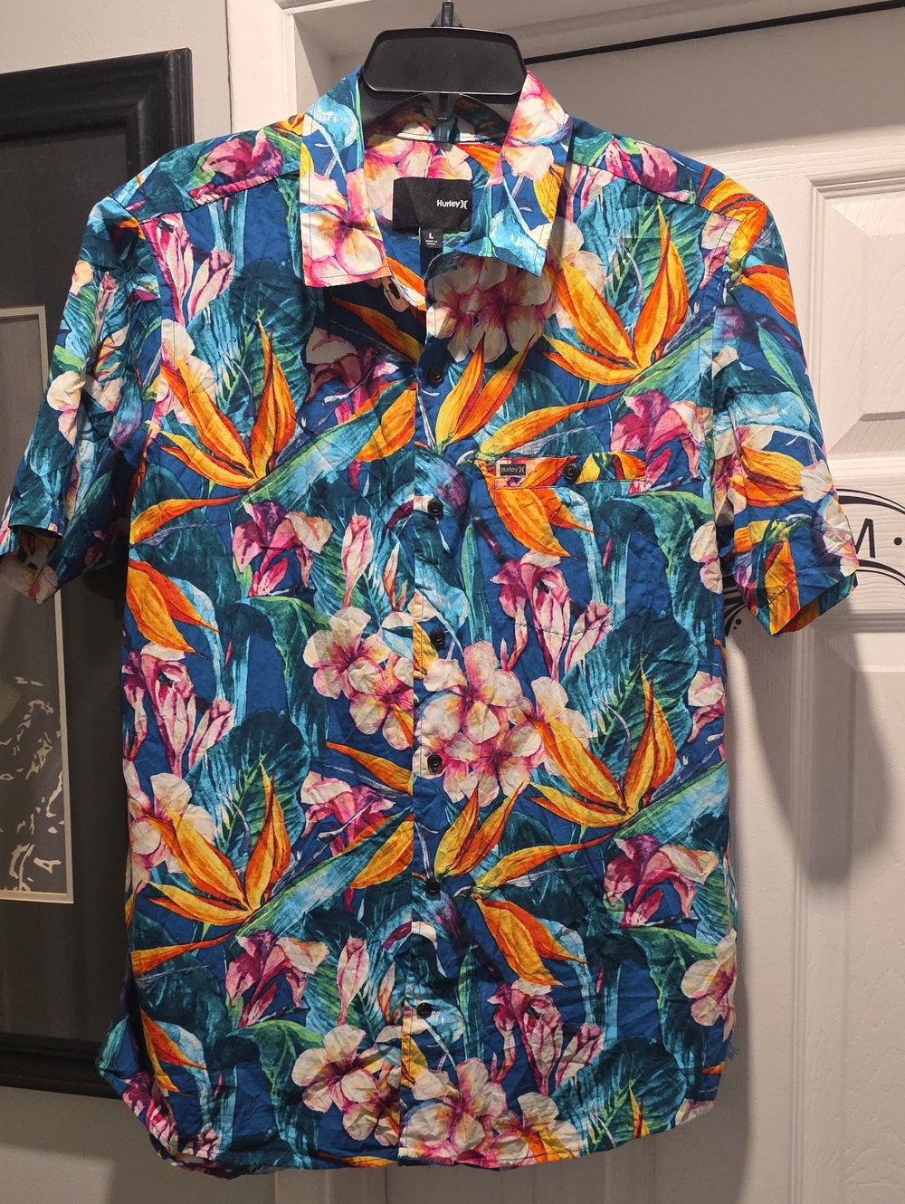 Hurley Teal Floral Hawaiian Button-Down Shirt with Orange Accents
